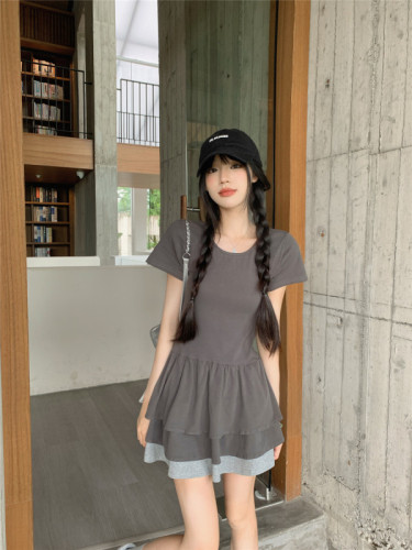 Real shot~Niche design dress color matching new summer slimming short-sleeved skirt for women