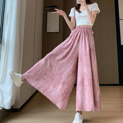 Temperament tie-dyed ice silk culottes for women in summer thin 2024 new high-waist slim drape loose casual wide-leg culottes