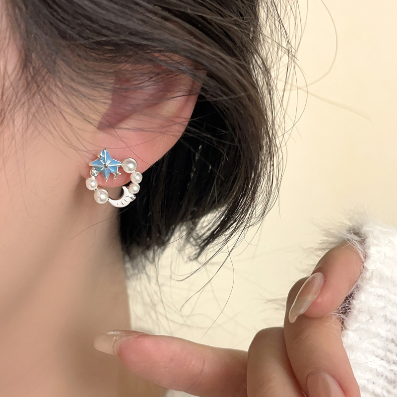 S925銀針甜美可愛星系月亮耳環輕奢小眾百搭氣質珍珠耳釘網紅耳飾