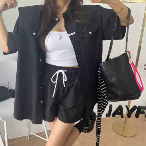 Lapel casual single-breasted short-sleeved shirt top + pants set