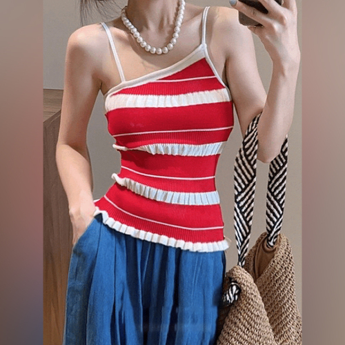 2024 Irregular striped Thai style small camisole women's summer outer wear inner design slim hot girl top