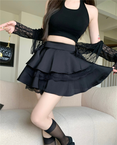 Lace splicing ballet style little black dress puffy skirt women's high waist slimming cake skirt niche a-line short skirt trendy