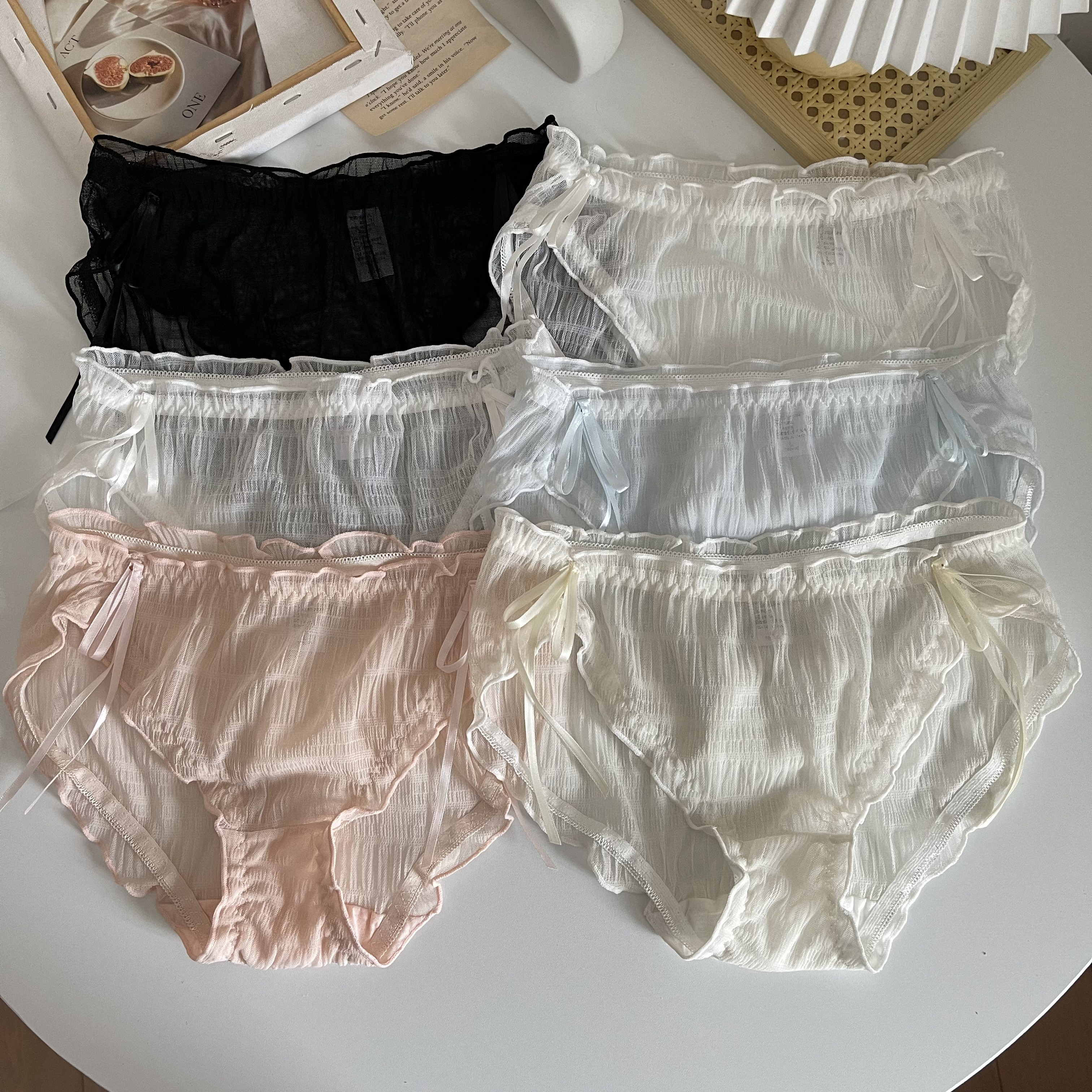 Real shot Japanese bow lace sexy breathable mesh underwear women's mid-waist student briefs 2 pack