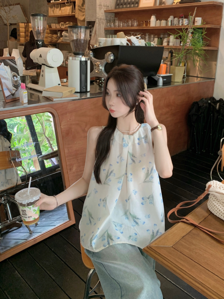 Real shot!  Small fresh holiday style tulip floral vest women's outer wear loose bow sleeveless top
