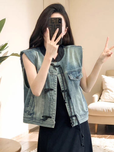 New Chinese style denim vest jacket for women 2024 spring and autumn new style small outer vest short national style top