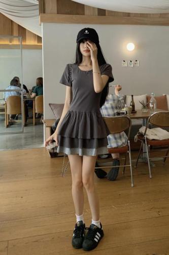 Real shot~Niche design dress color matching new summer slimming short-sleeved skirt for women