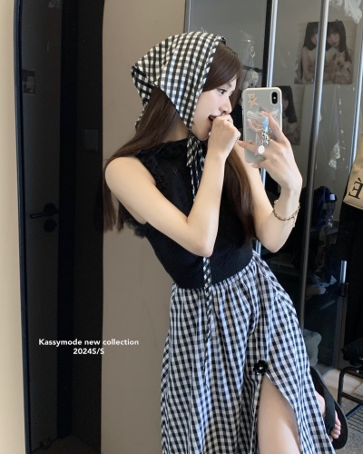 Real shot ~ Retro elastic waist plaid skirt 2024 summer new high waist slit long A-line skirt