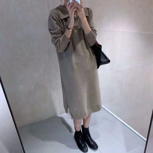 Long skirt dress for women in autumn and winter with loose temperament and slimming knee-length knitted sweater bottoming skirt