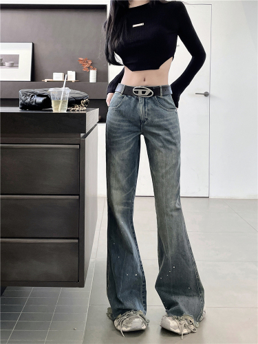 Real shot!  American Retro Raw Edge Hot Diamond Jeans Women's Washed Loose Slightly Spicy Trousers Trendy