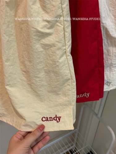 Actual shot of CANDY letter embroidered candy-colored versatile casual shorts with elastic waist, sports and casual wide-leg pants