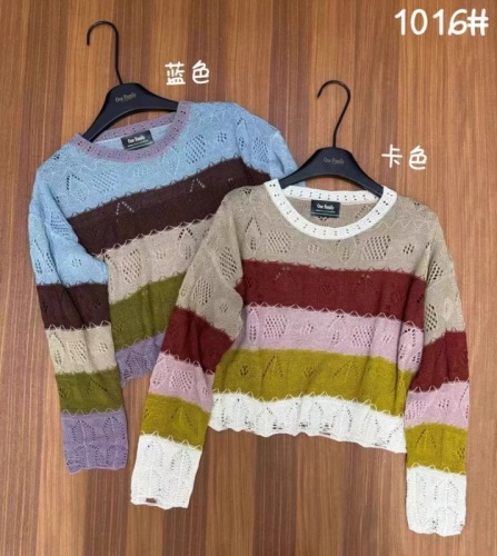 Colorful striped hollow knitted women's 2024 autumn design niche lazy style versatile long-sleeved top