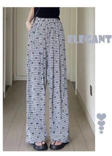 2024 Summer Plaid Casual Pants Women's Thin Versatile Elastic Waist Loose Wide Leg Floor-Mopping Pants