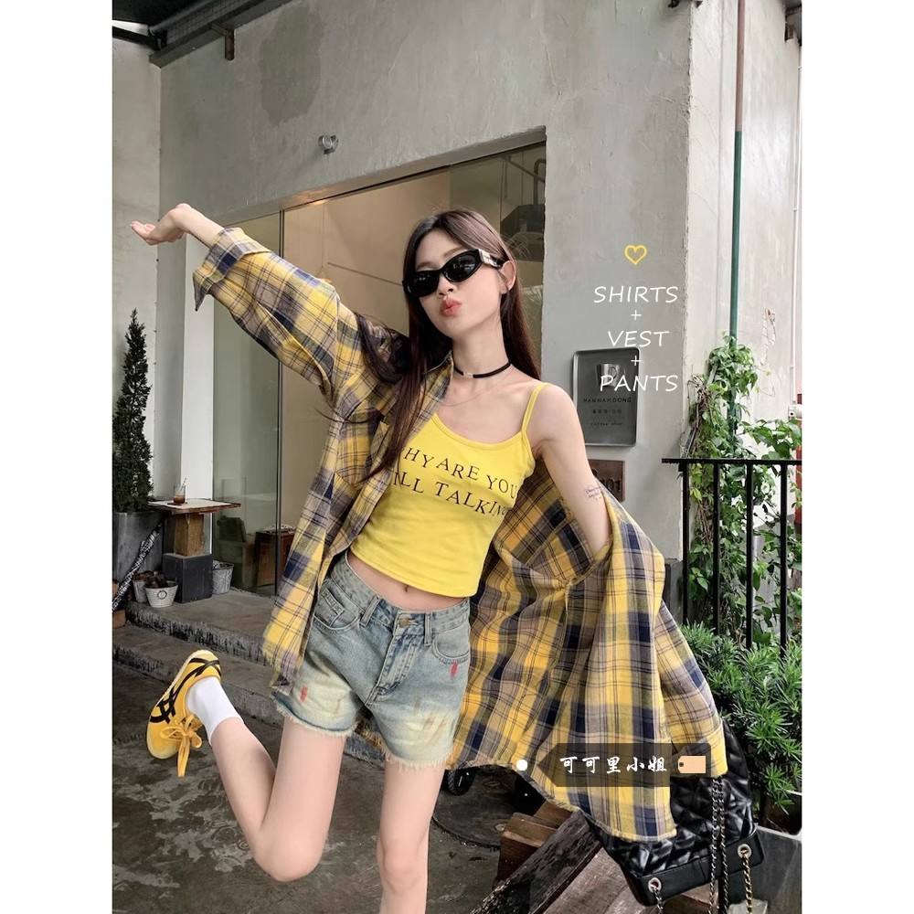 Korean-style yellow gingham long-sleeve women's summer retro brushed loose medium-length sun protection shirt, outerwear top