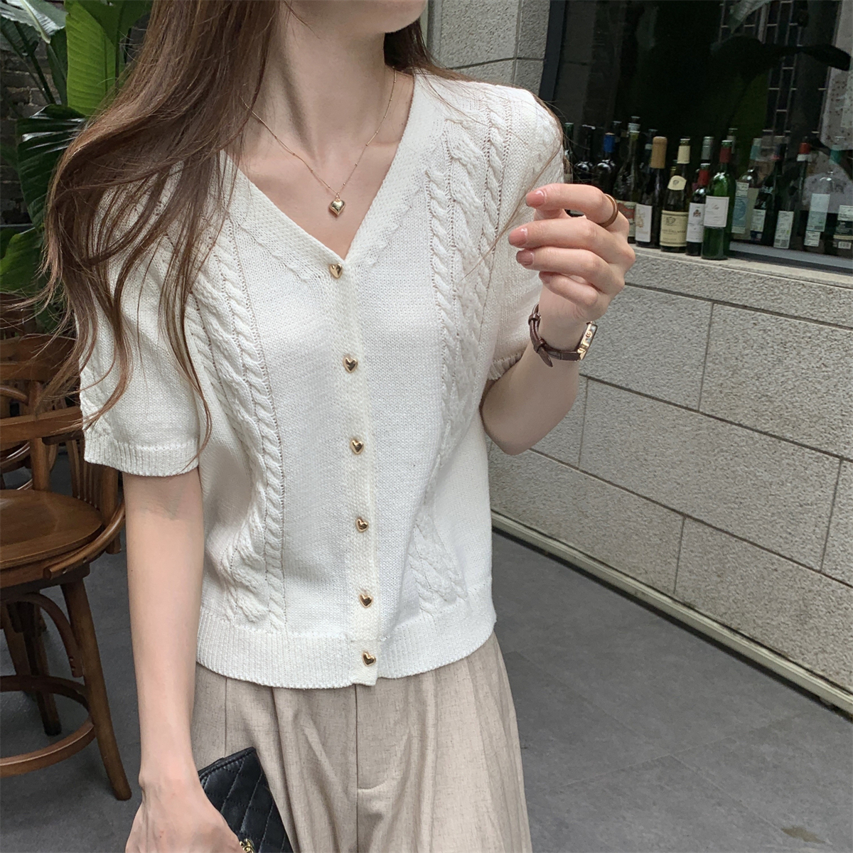 Real shot of summer Korean style v-neck love button twist design knitted short-sleeved cardigan top