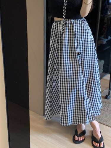 Real shot ~ Retro elastic waist plaid skirt 2024 summer new high waist slit long A-line skirt