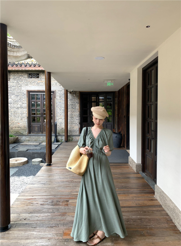 Real shot of green-waisted hemp skirt