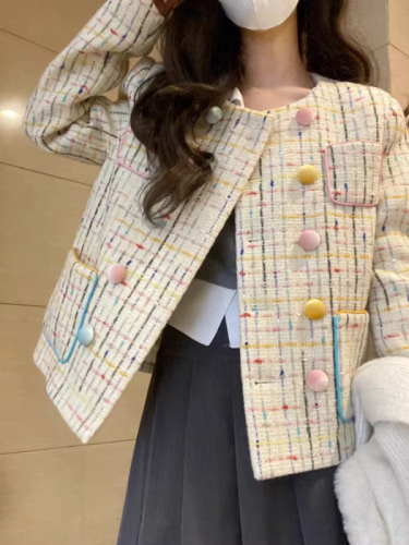 Autumn short style jacket for women 2024 new French macaron rainbow design niche jacket top