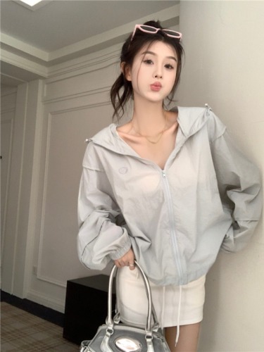 Actual shot of new style drawstring jacket work jacket women's casual loose thin outdoor hooded sun protection jacket