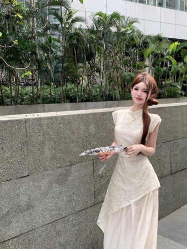 Actual shot of the new Chinese-style national style dress, slim and slim, mid-length, sweet, waist-cinching and elegant long dress