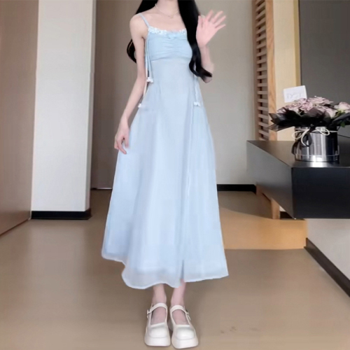 2024 new high-end French blue suspender dress women's summer temperament waistless sleeveless a-line long skirt