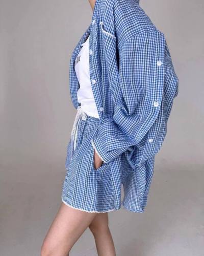 Korean exquisite plaid fashion shirt + casual shorts set