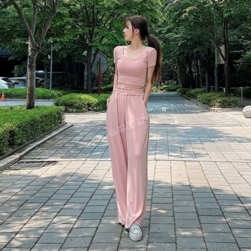 Korea Purchasing Agency 24 Summer Clothing Square Neck Slim Fit Short Sleeve T-Shirt Wide Leg Casual Pants Suit