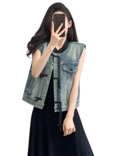 New Chinese style denim vest jacket for women 2024 spring and autumn new style small outer vest short national style top