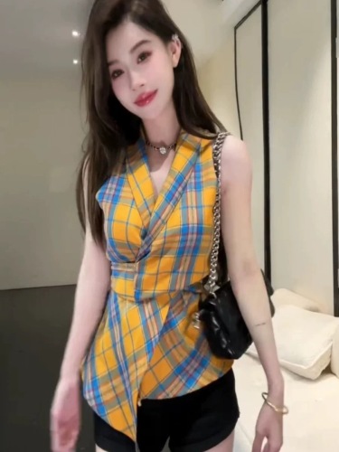 Summer Dopamine Contrast Plaid V-neck Twist Tie Sleeveless Halter Vest Slim Waist Versatile Top for Women