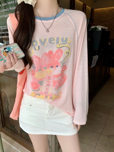 Real shot pink topstitch design new salty or sweet long-sleeved printed bottoming shirt for women summer fashion mid-length T-shirt