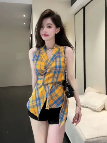 Summer Dopamine Contrast Plaid V-neck Twist Tie Sleeveless Halter Vest Slim Waist Versatile Top for Women