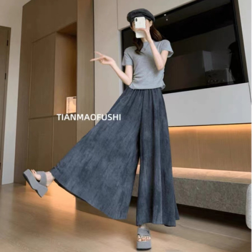 Temperament tie-dyed ice silk culottes for women in summer thin 2024 new high-waist slim drape loose casual wide-leg culottes