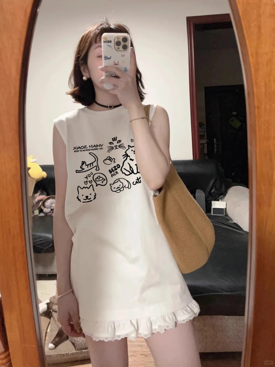 High quality pure cotton 220g 19 count combed tightly printed loose large version sleeveless vest vest for women