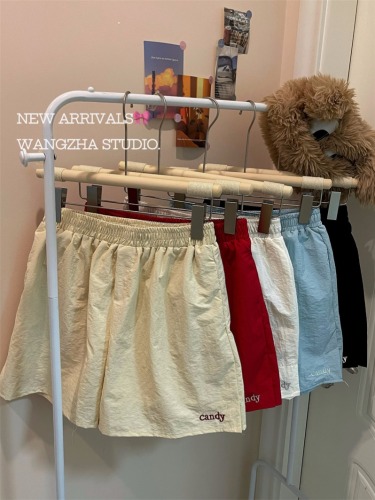 Actual shot of CANDY letter embroidered candy-colored versatile casual shorts with elastic waist, sports and casual wide-leg pants