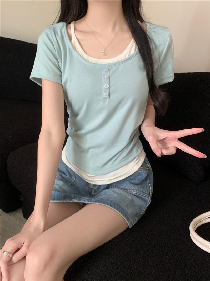 實拍 真 假兩件t恤女夏季設計感褶皺修身短款上衣
