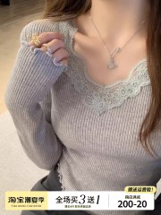 Lace bottoming shirt for women in autumn and winter, new high-end style winter inner sweater v-neck sweater slim fit top