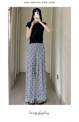 2024 Summer Plaid Casual Pants Women's Thin Versatile Elastic Waist Loose Wide Leg Floor-Mopping Pants