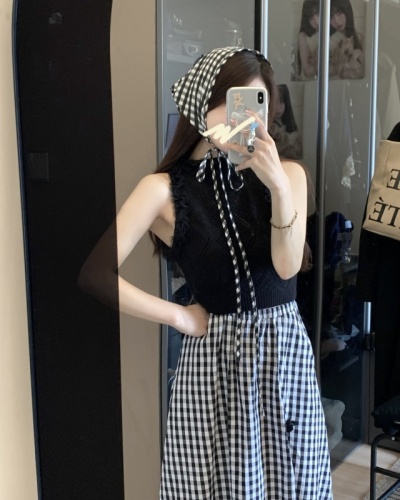 Real shot ~ Retro elastic waist plaid skirt 2024 summer new high waist slit long A-line skirt