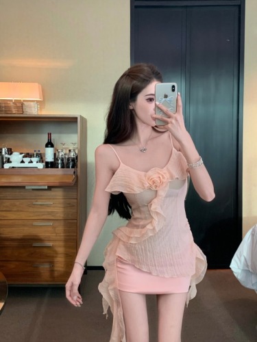 Real shot!  Pure Desire Ruffled Flower Camisole Top Women's Pink Hip Covering Skirt Two-piece Set