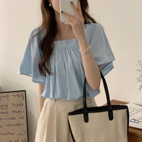 Korean chic niche elastic pleated square neck short loose large trumpet sleeve short-sleeved shirt top