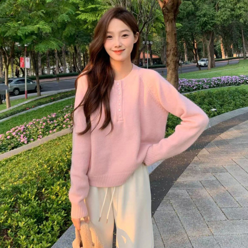 Lazy style yellow round neck sweater for women spring and autumn 2024 new style small Japanese style loose inner knitted top