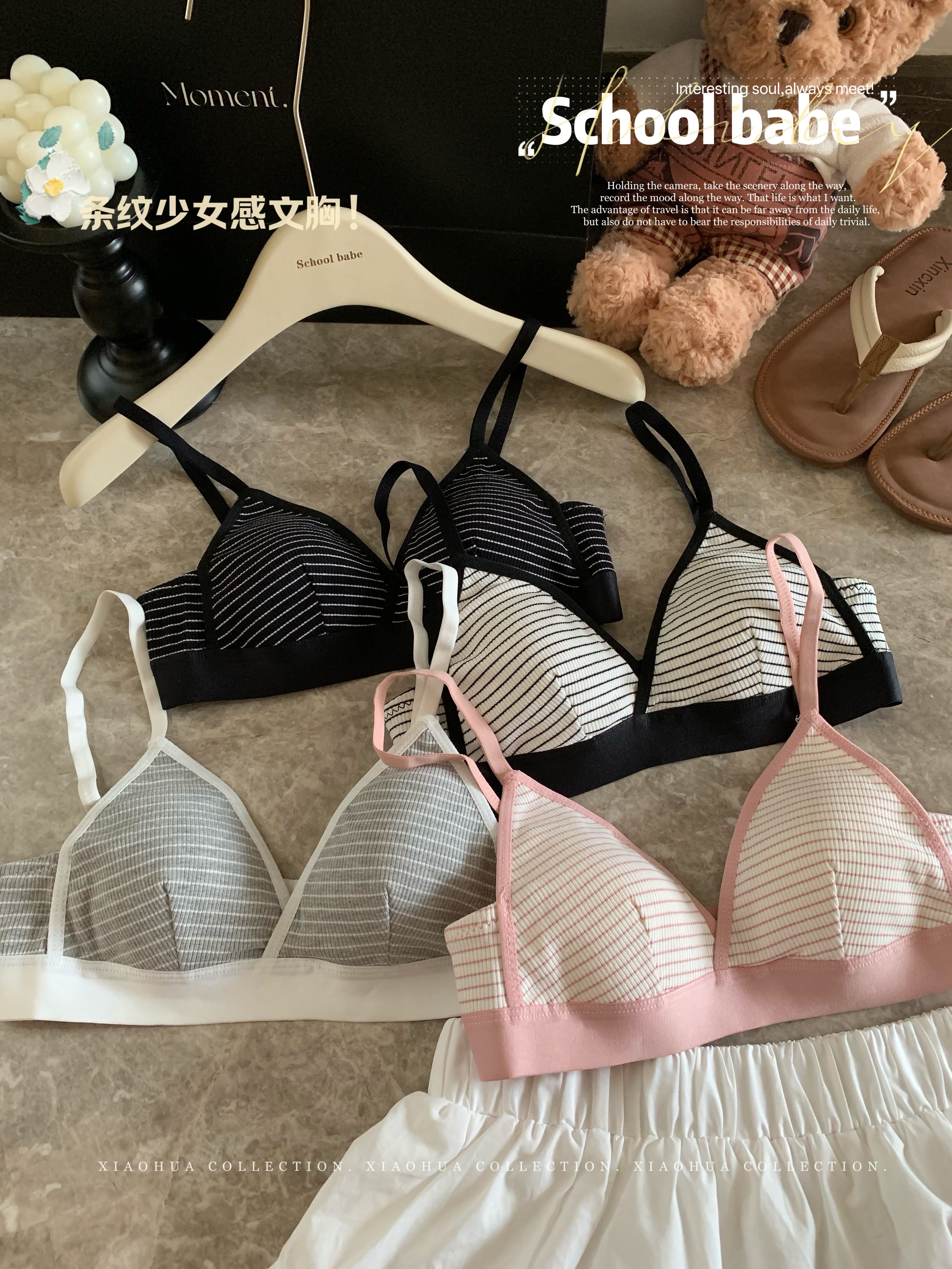 Real shot of triangular cup French striped no-wire sports bra with big breasts and small back, push-up suspender bra