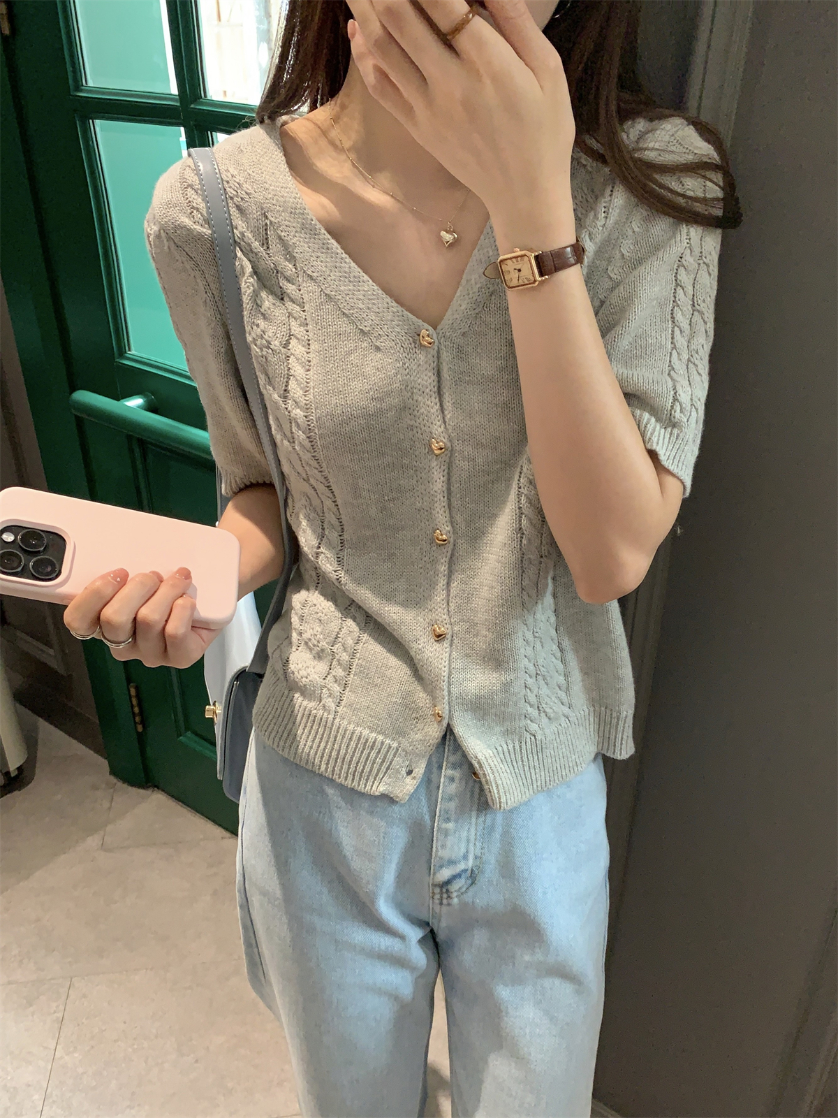 Real shot of summer Korean style v-neck love button twist design versatile knitted short-sleeved cardigan top for women