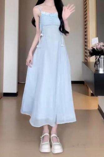 2024 new high-end French blue suspender dress women's summer temperament waistless sleeveless a-line long skirt