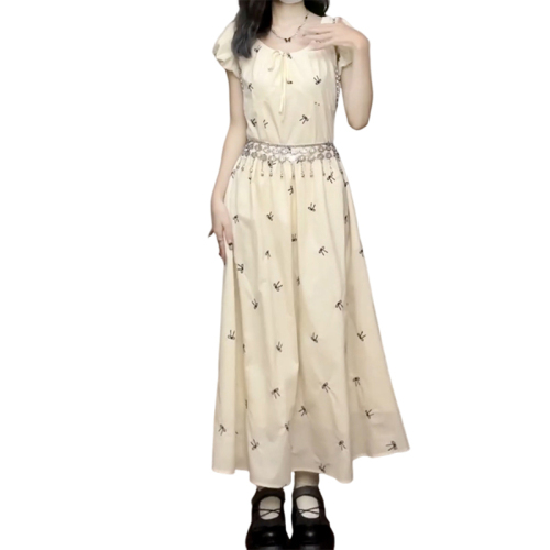 French Gentle Wave Point Puff Sleeve Dress Women's 2024 Summer Waist Slimming A-Line Skirt First Love Long Skirt