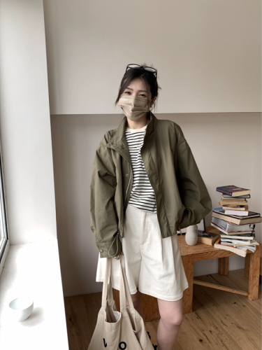 Autumn army green stand collar jacket new jacket zipper short high waist autumn and winter jacket