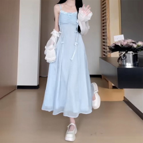 2024 new high-end French blue suspender dress women's summer temperament waistless sleeveless a-line long skirt