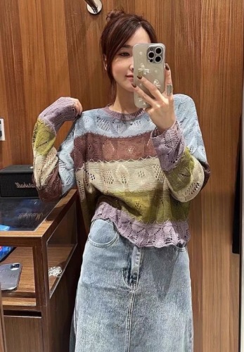 Colorful striped hollow knitted women's 2024 autumn design niche lazy style versatile long-sleeved top