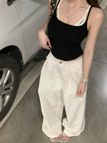 Real shot!  High Street Hot Girl Fake Two-piece Camisole Women's White Overalls Casual Pants Wide Leg Floor-Mopping Pants