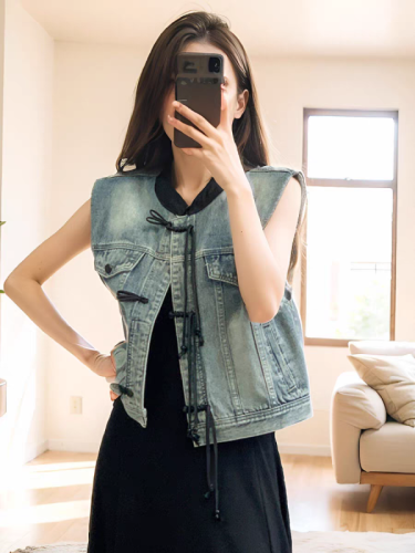 New Chinese style denim vest jacket for women 2024 spring and autumn new style small outer vest short national style top