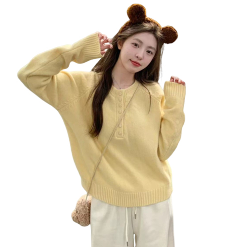 Lazy style yellow round neck sweater for women spring and autumn 2024 new style small Japanese style loose inner knitted top